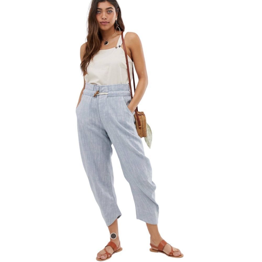 Free People Paradise High Rise Blue Pants Size Small Cotton Linen Blend